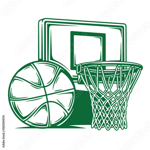 Green illustration of basketball hoop and ball on white background