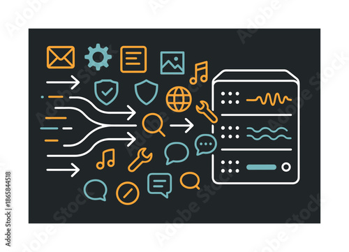 Server Workflow Pulse. Server workflow. A dynamic stream of icons flows into a clean server unit; rhythmic pulses show processing. Floating arrows guide the