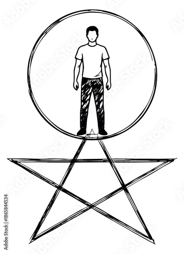 Hand drawn line art illustration of a human figure depicting spiritual symbolism for esoteric concepts