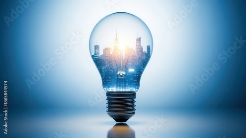 Light bulb with city skyline inside representing innovation and urban planning skyscraper