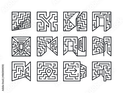 Maze Illusions Icons. Maze illusions. Line icon set of maze illusions: shadow maze wall, split path illusion, false door, disappearing corridor, diagonal