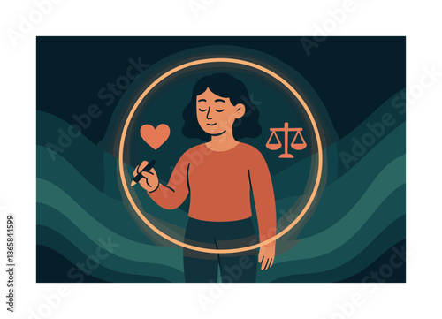 Soft Protective Aura. Healthy boundaries. Person drawing a soft luminous circle around themselves; symbols of balance hovering. Calm layered curves showing