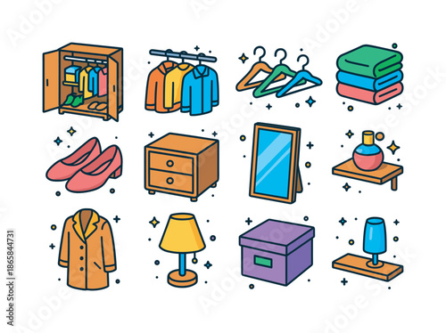 Colorful Wardrobe Icons. Wardrobe. Colorful isometric vector icons set of wardrobe: open wardrobe, hanging clothes, hangers, folded sweaters, shoes, drawers,