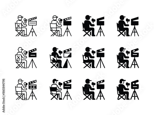 Film Set Icons. Film set with director and crew. Icon set. Set Logo of Film set with director and crew: scene marker stand. harmonious logo variations of the