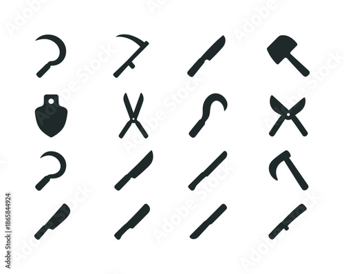 Agricultural Tool Icons. Agricultural sharp tools. Solid icon set of Agricultural sharp tools: sickle, scythe, pruning knife, hoe blade, plow blade, hedge
