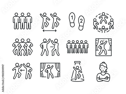 Group Dance Icons. Group Dance Practice. Line icon set of Group Dance Practice: group of dancers, synchronized move icon, step count symbol, circle formation,