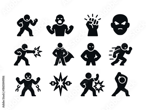 Heroic Fury Icons. Heroic fury. Solid icon set of heroic fury: battle stance, heroic scream, power fist, unleashed force, cape in wind, fearless