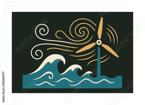 Wave-Turbine Synergy. Wave?turbine synergy. Animated currents swirl into stylized lines that turn turbine blades, illustrating seamless kinetic transfer.