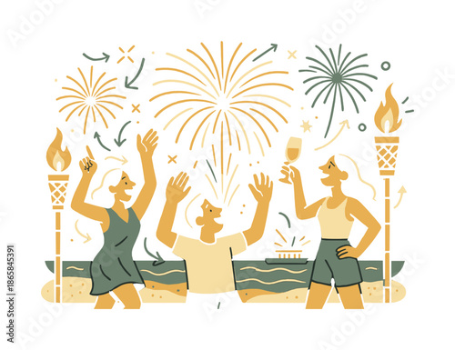 Ocean Fireworks Celebration. Ocean fireworks. Fireworks rise from a floating barge at sea, painting waves with radiant light. Beachgoers cheer and toast under