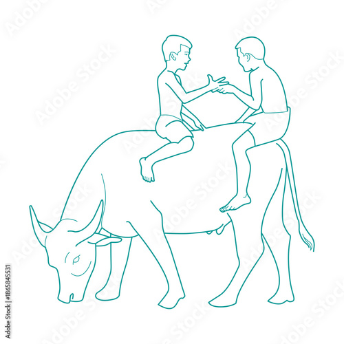 Two Vietnamese boys herding a water buffalo in a grassy field