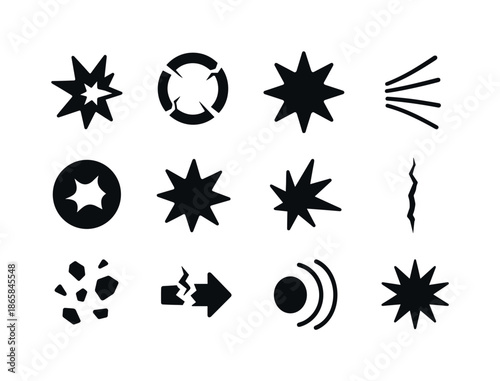 Impact Icons Set. Impact effects. Solid icon set of impact effects: collision star, fracture ring, burst symbol, shockwave lines, dent mark, hit symbol, smash