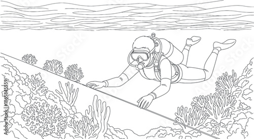 Scuba diver exploring coral reef underwater