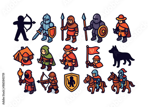 Colorful Enemy Icons. Enemy forces. Colorful isometric vector icons set of enemy forces: archer silhouette, armored soldier, spear fighter, shield bearer, camp