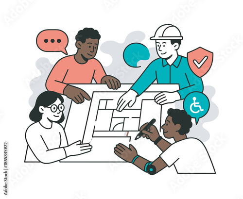 Collaborative Blueprint Design. Diverse stakeholder input. Multiple hands add to a shared blueprint with floating dialogue, accessibility, and safety symbols.