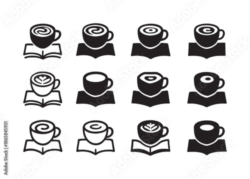 Coffee and Book Icons. coffee and book. Icon set. Set Logo of coffee and book: latte swirl. harmonious logo variations of the same emblematic concept, each