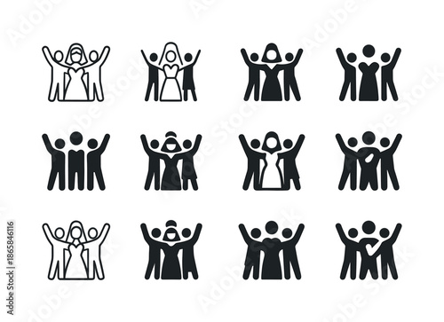 Candid Wedding Icons. Candid wedding moments and emotions. Icon set. Set Logo of candid wedding moments and emotions: joyful group cheer. harmonious logo