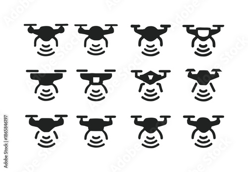 Home Robotics Icons. Home Robotics. Icon set. Set Logo of Home Robotics: drone hovering indoors with sensors. harmonious logo variations of the same emblematic
