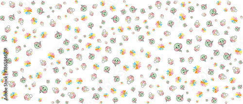 Seamless vector pattern of cute scattered cartoon faces with colorful rainbow spots on white background