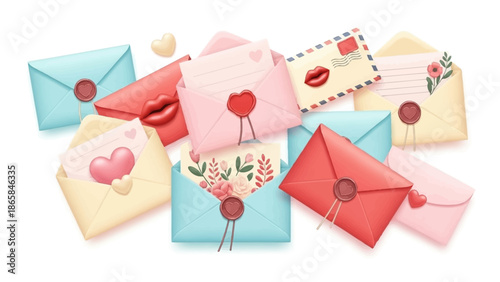 A beautiful arrangement of Valentine's Day cards and letters with wax seals, conveying love and affection