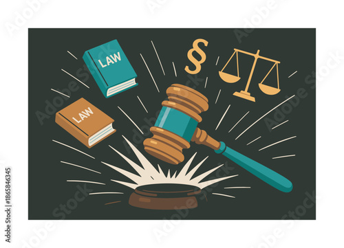 Judgment Impact. Gavel strike. A judge?s gavel hits the block with a dramatic burst of lines, law books and symbols floating in dynamic arcs. The decision