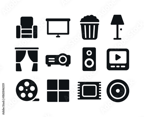 Media Room Icons. Media room. Solid icon set of media room: recliner chair, projector screen, popcorn bucket, dimmable lamp, curtain, projector, surround