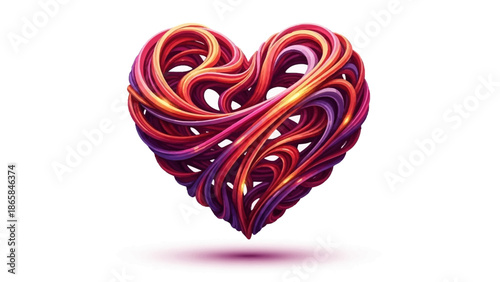 Vibrant abstract heart sculpture crafted from dynamic intertwining colorful ribbons, symbolizing love, passion, and artistic connection
