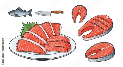 Illustration of fresh salmon knife and prepared salmon slices on a plate