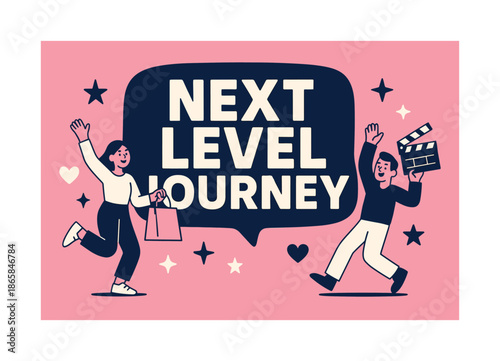 Next Level Excitement. Next Level Journey banner, flat vector illustration, bold oversized text inside rounded blob banner, cartoon characters dancing with