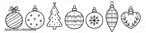 Hand drawn line art Christmas decoration set featuring various festive ornaments and a tree for winter holidays