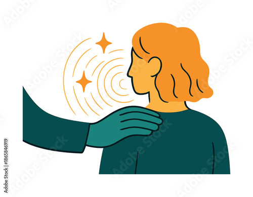 Calming Touch. Calming touch. A hand placed gently on a shoulder with light waves radiating outward; sparkles showing emotional warmth. Soft lines around both