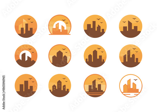Cityscape Logo Variations. Cityscape at Sunset. Icon set. Set Logo of Cityscape at Sunset: city skyline with birds flying. harmonious logo variations of the