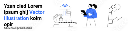 Automation, smart manufacturing, industrial innovation, robotics, sustainable industry, factory technology. A robot arm, factory worker with tablet and industrial plant with smoke. Automation