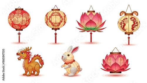 Chinese New Year Dragon Lanterns Rabbit And Lotus Flower Illustrations