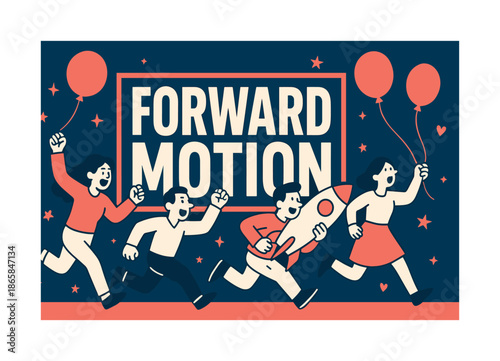 Energetic Banner Design. Forward motion banner, flat vector illustration, bold oversized text inside rectangular frame banner, cartoon characters running and