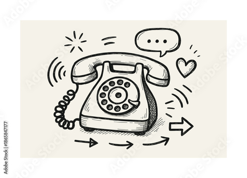 Retro Phone Sketch. Classic telephone. Hand-drawn doodle illustration Classic telephone rotary dial, handset, base, buttons, cord, sound waves, ringing icons,