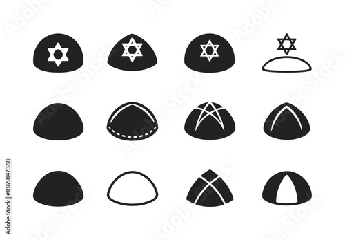 Religious Attire Logos. Religious attire and traditional clothing. Icon set. Set Logo of Religious attire and traditional clothing: Jewish kippah. harmonious