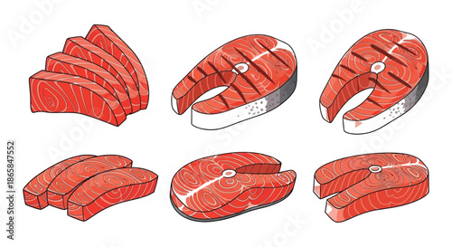 Illustration of fresh salmon knife and prepared salmon slices on a plate