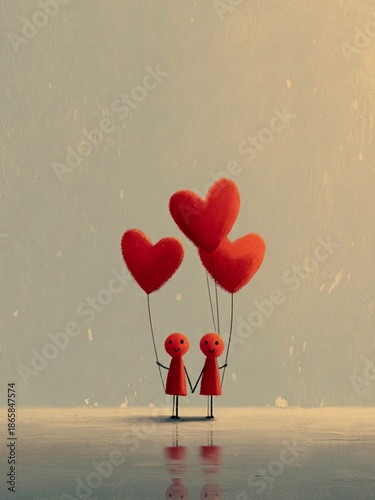 Valentine's Day Scene with Two Figures and Heart-Shaped Balloons