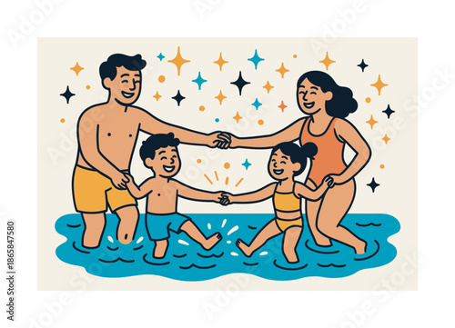 Joyful Family Swim. Summer family dip. Everyone holds hands in a circle, kicking water happily; abstract sparkles highlight togetherness. Modern flat-line