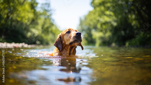 Dog is swimming in a river