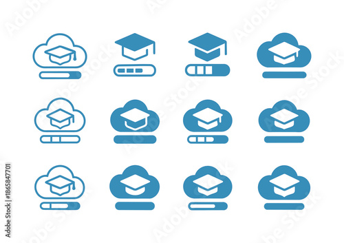 Cloud School Icons. Cloud-based school systems. Icon set. Set Logo of cloud-based school systems: e-learning progress bar. harmonious logo variations of the