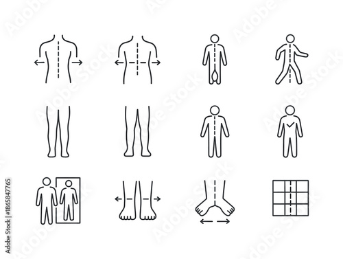 Body Symmetry Icons. Body symmetry. Line icon set of body symmetry: symmetrical shoulders, symmetrical hips, even weight distribution, center of gravity icon,