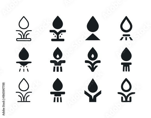 Irrigation System Icons. irrigation system. Icon set. Set Logo of irrigation system: water droplet. harmonious logo variations of the same emblematic concept,