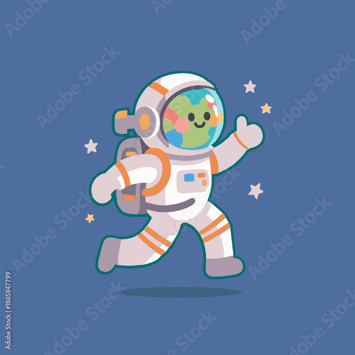 Astronaut in suit floats in blue space.