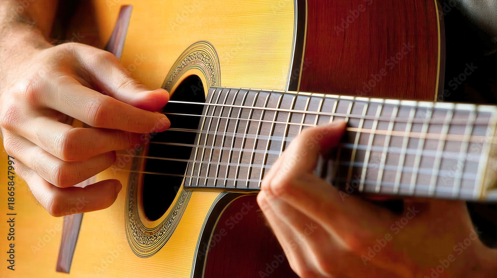 Fototapeta premium Close-up of a person playing an acoustic guitar with focused fingers.