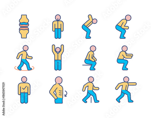 Colorful Functional Icons. Functional alignment. Colorful isometric vector icons set of functional alignment: stacked joints icon, midline alignment, stable