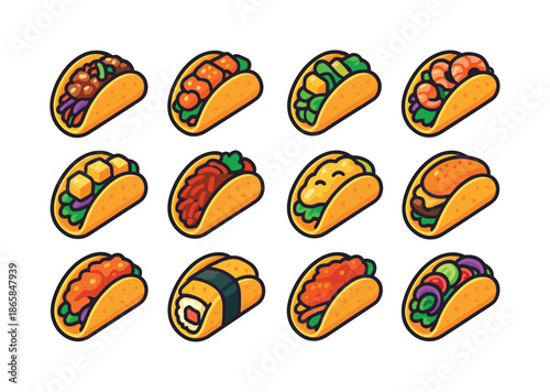 Fusion Tacos Icons. Fusion tacos. Colorful isometric vector icons set of Fusion tacos: Korean BBQ taco, teriyaki chicken taco, vegan tofu taco, shrimp taco,