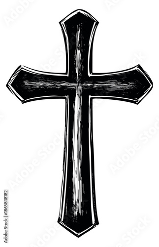 Hand drawn gothic illustration of a cross depicting christian symbolism for religious design