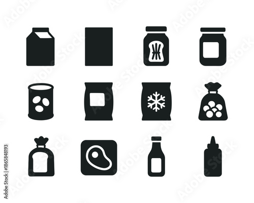 Grocery Packaging Icons. Grocery packaging. Solid icon set of Grocery packaging: milk carton, cereal box, pasta bag, sauce jar, canned beans, snack bag, frozen