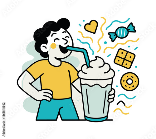 Milkshake Delight. Milkshake joy. A thick drink with whipped cream and a tall straw being slurped with delight; wavy sweet icons swirl upward. Modern flat-line